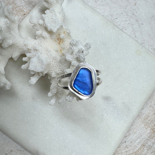 Cobalt Blue Glass Double Band Silver Ring (Size 7)