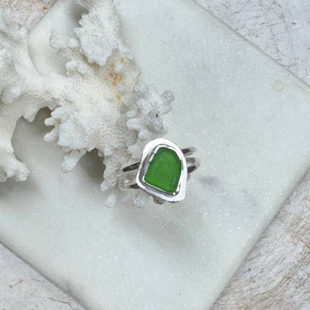 Kelly Green Sea Glass Double Band Silver Ring (Size 7)