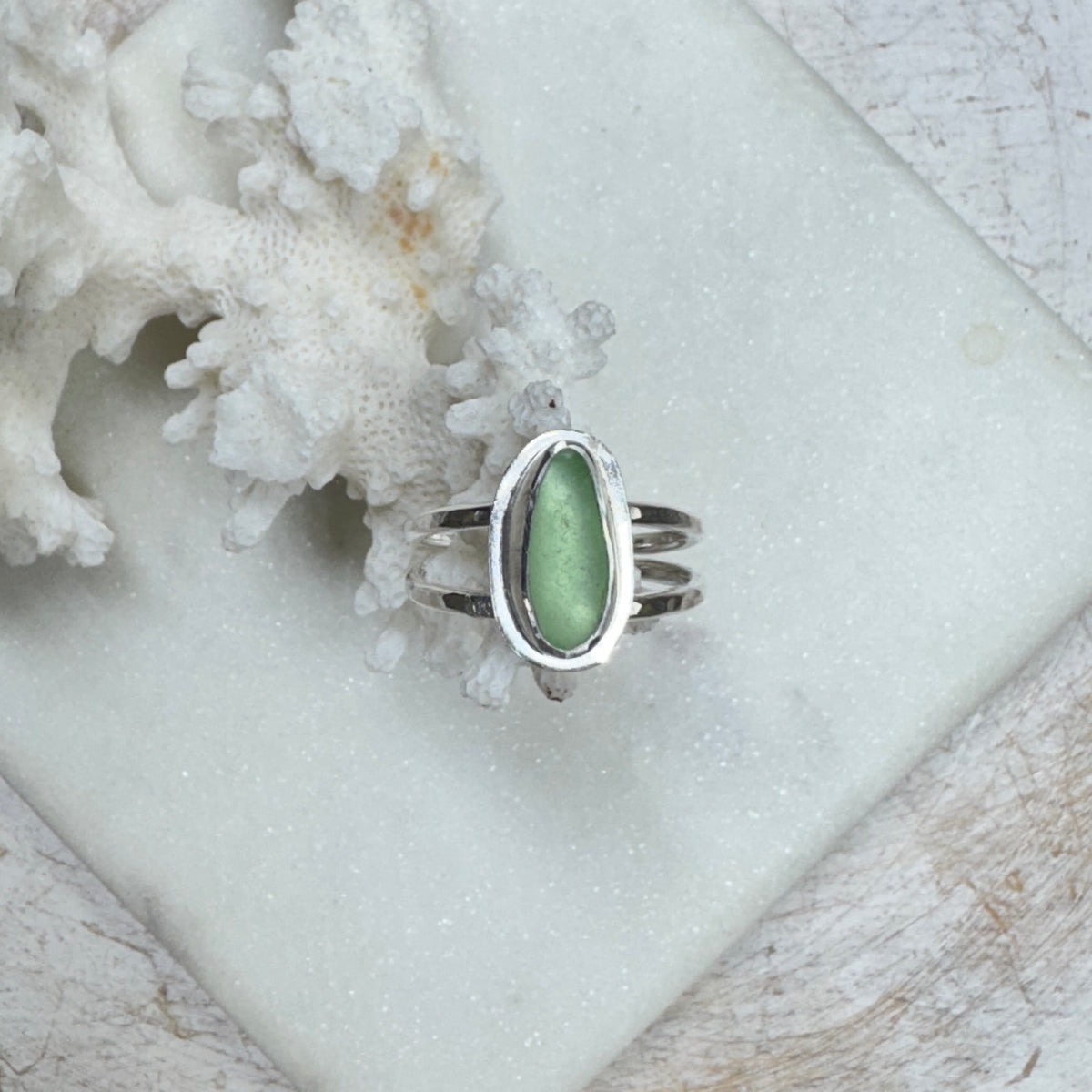 Pale Green Sea Glass Double Band Silver Ring (Size 7.5)