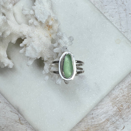 Pale Green Sea Glass Double Band Silver Ring (Size 7.5)