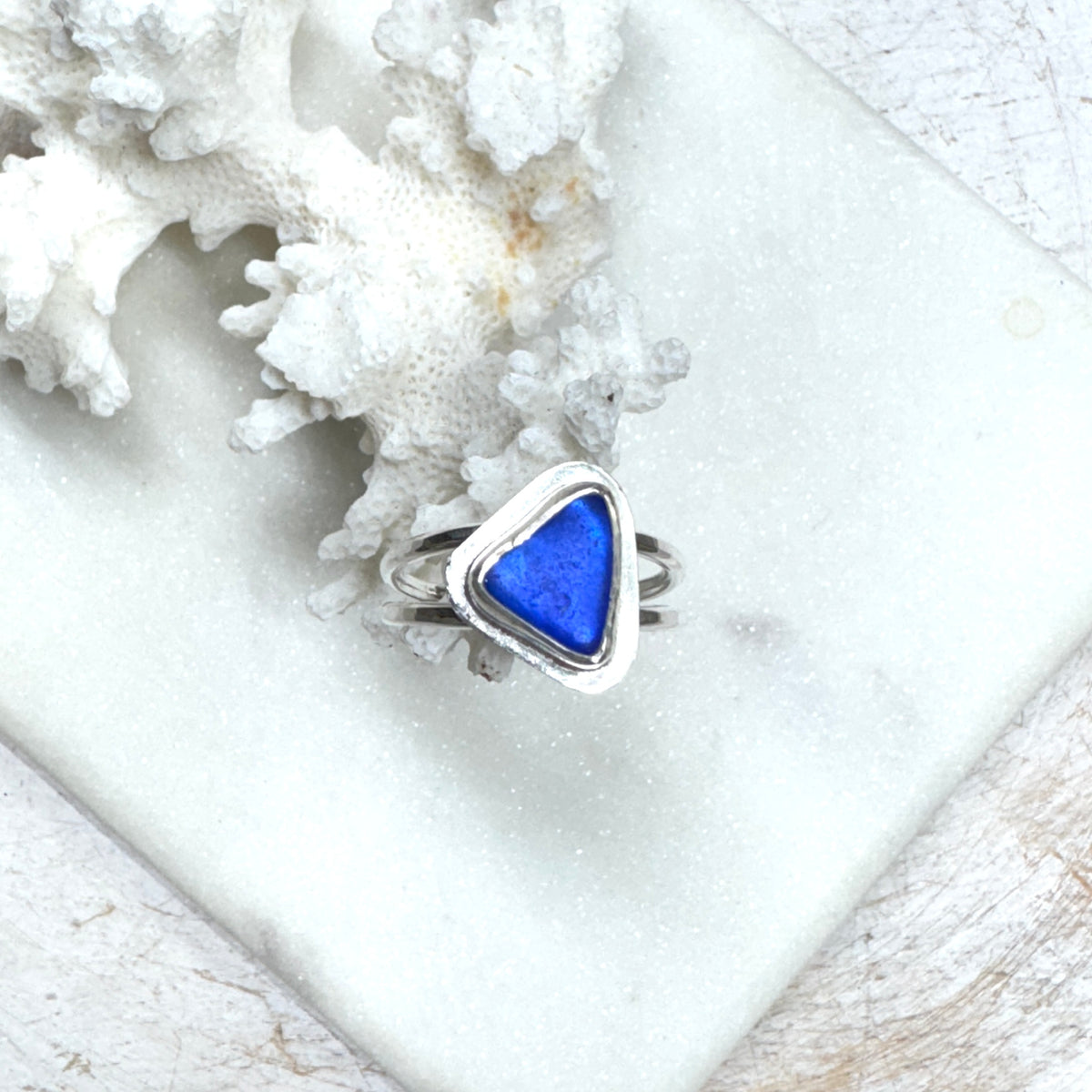 Cobalt Blue Glass Double Band Silver Ring (Size 8)