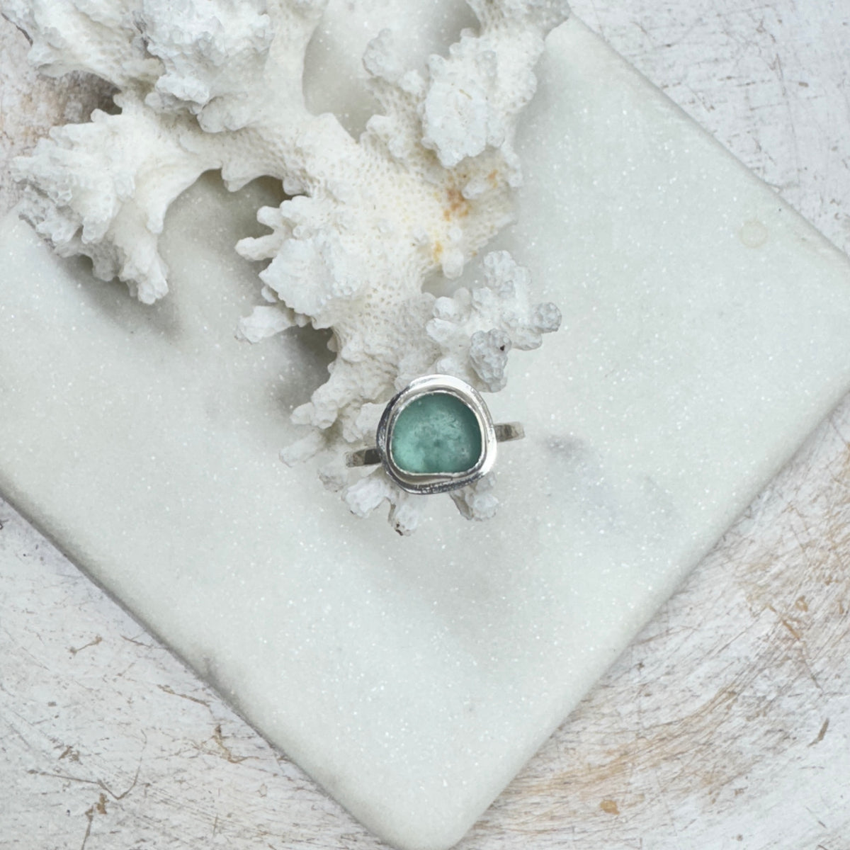 Aqua Sea Glass Silver Stacking Ring (Size 5)