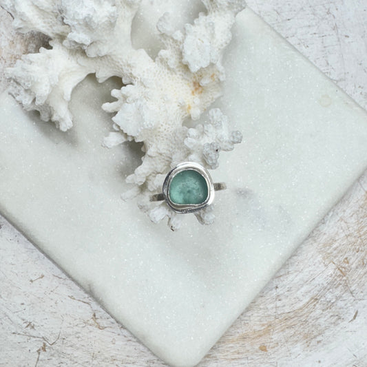 Aqua Sea Glass Silver Stacking Ring (Size 5)