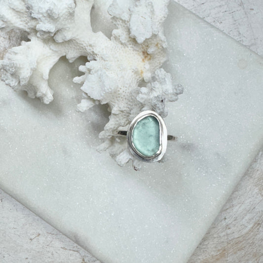 Aqua Sea Glass Silver Stacking Ring (Size 6)