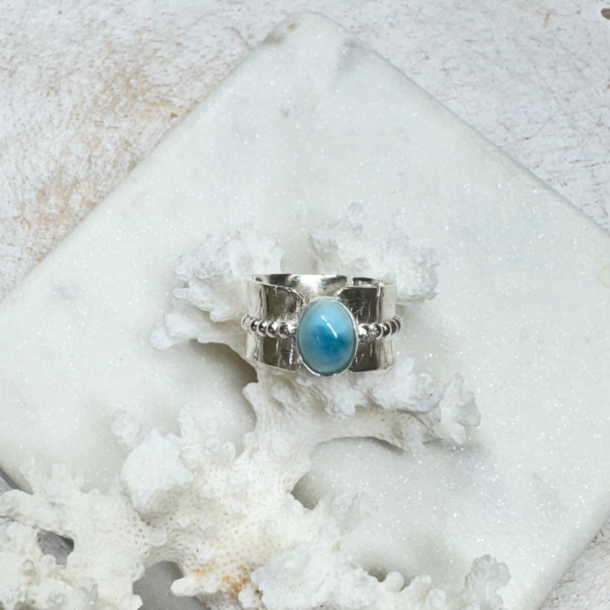 Larimar Organic Silver Wide Ring (Size 8.5)