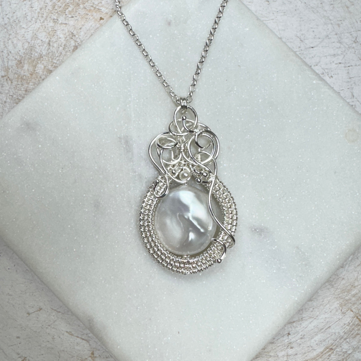 Freshwater Coin Pearl Silver Woven Necklace