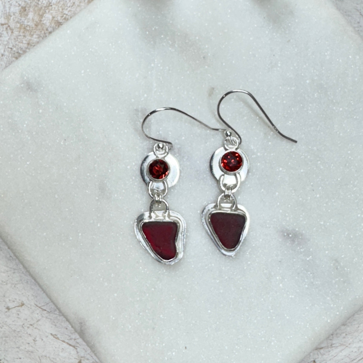 Red Sea Glass and Garnet Bezel Set Earrings