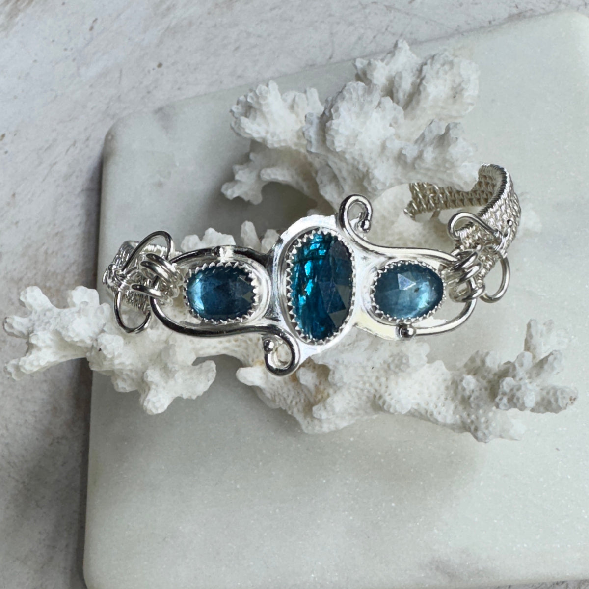 Pariba Kyanite 3-Stone Bracelet with Silver Woven Bands