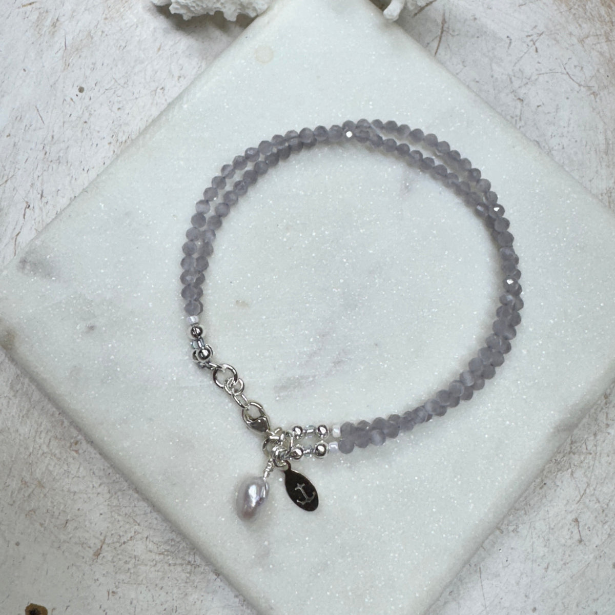 Lavender Cat's Eye Gemstone 2-Strand Bracelet with Pearl Charm