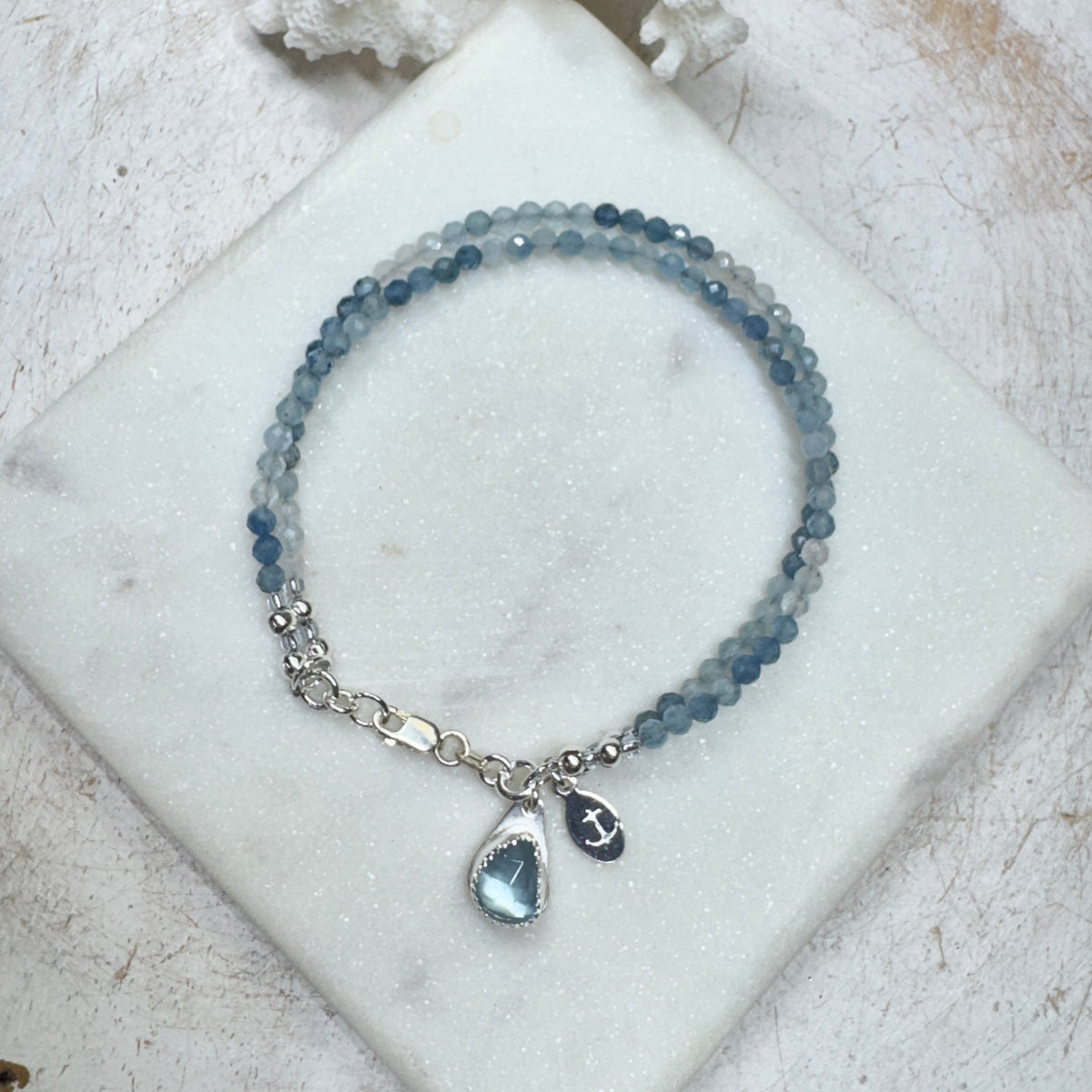 Aquamarine Gemstone 2-Strand Bracelet with Aquamarine Charm