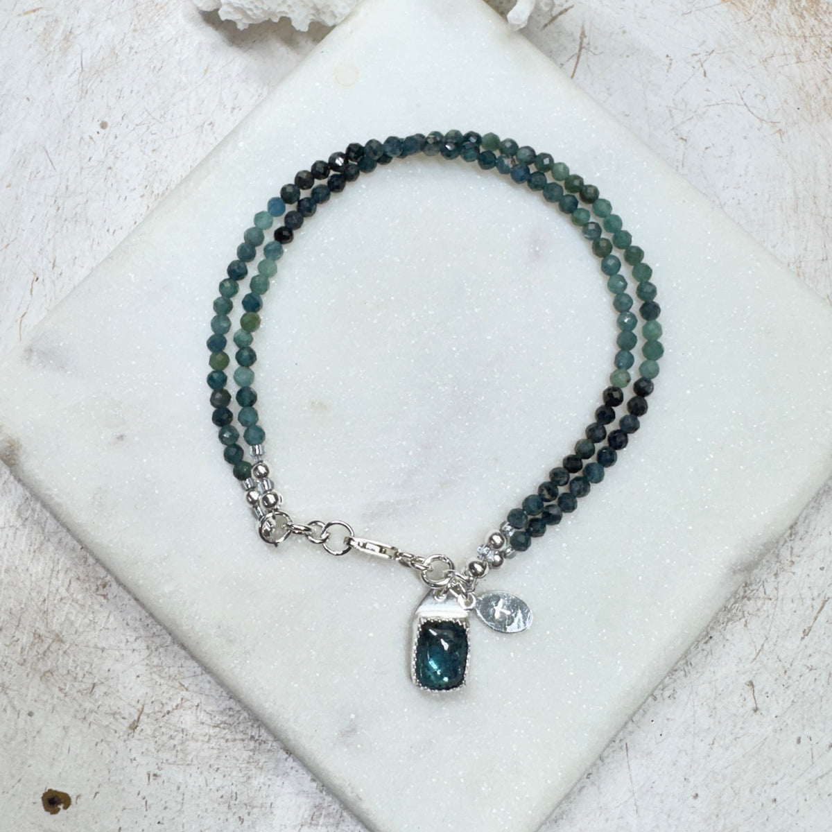 Blue Tourmaline Gemstone 2-Strand Bracelet with Kyanite Charm