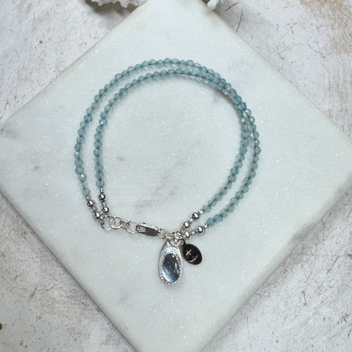 Swiss Blue Topaz Gemstone 2-Strand Bracelet with Topaz Charm