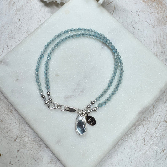 Swiss Blue Topaz Gemstone 2-Strand Bracelet with Topaz Charm