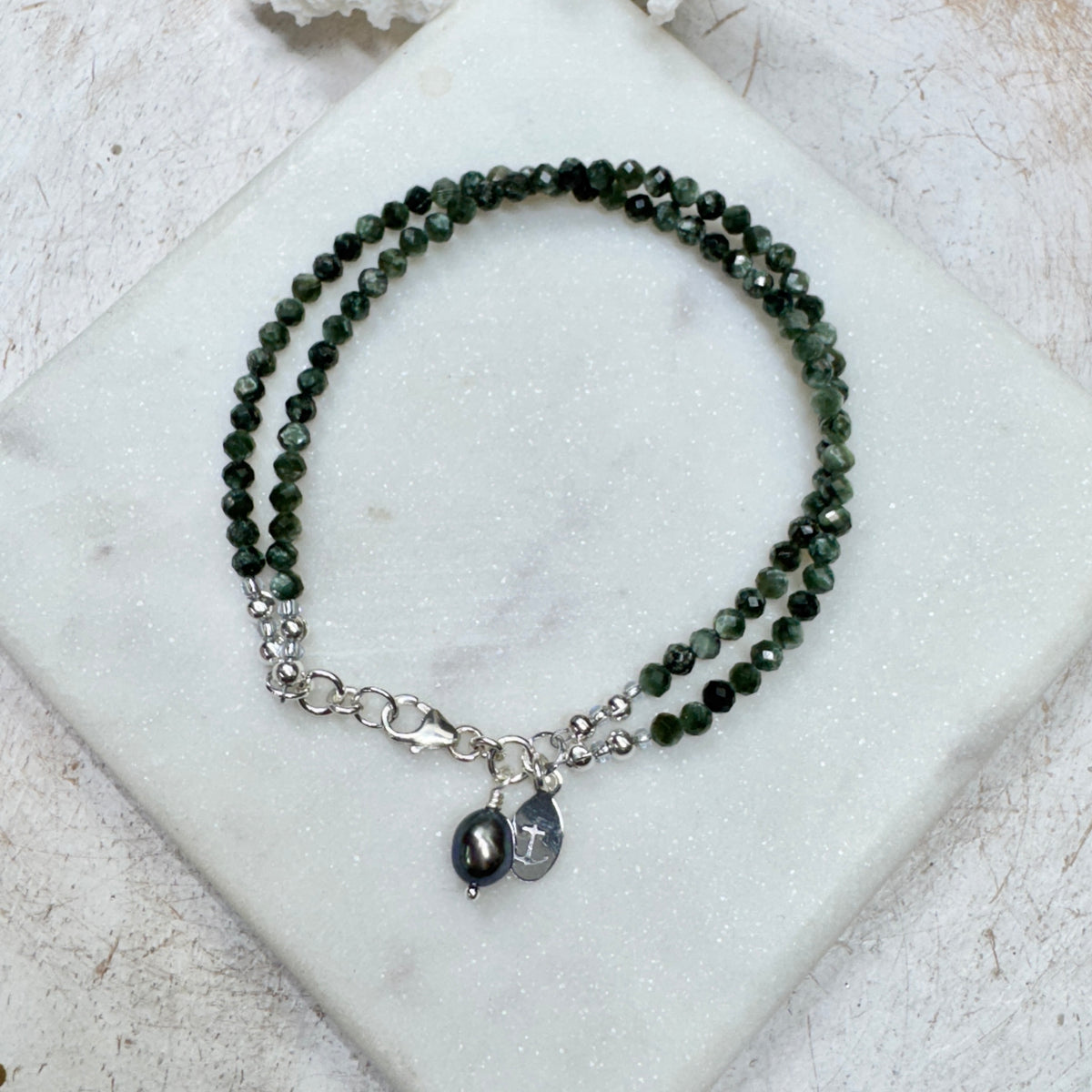 Seraphinite Gemstone 2-Strand Bracelet with Pearl Charm
