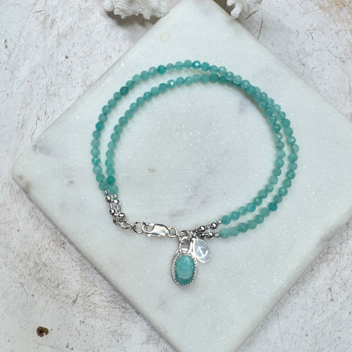 Amazonite Gemstone 2-Strand Bracelet with Amazonite Charm