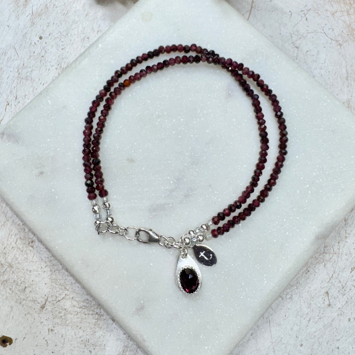 Garnet Gemstone 2-Strand Bracelet with Garnet Charm