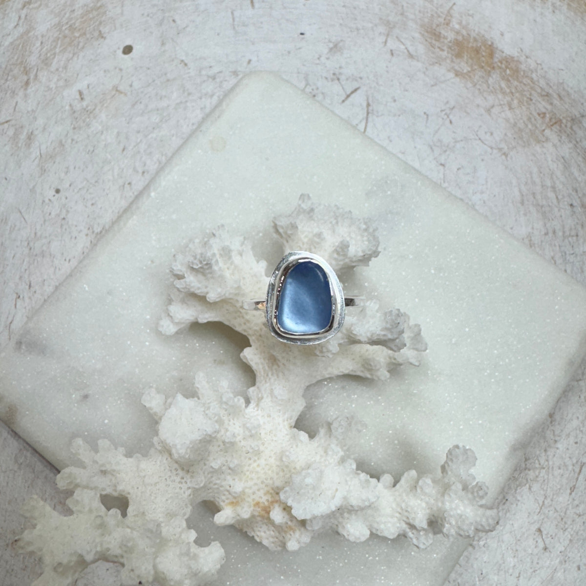 Cornflower Sea Glass Silver Stacking Ring (Size 8)