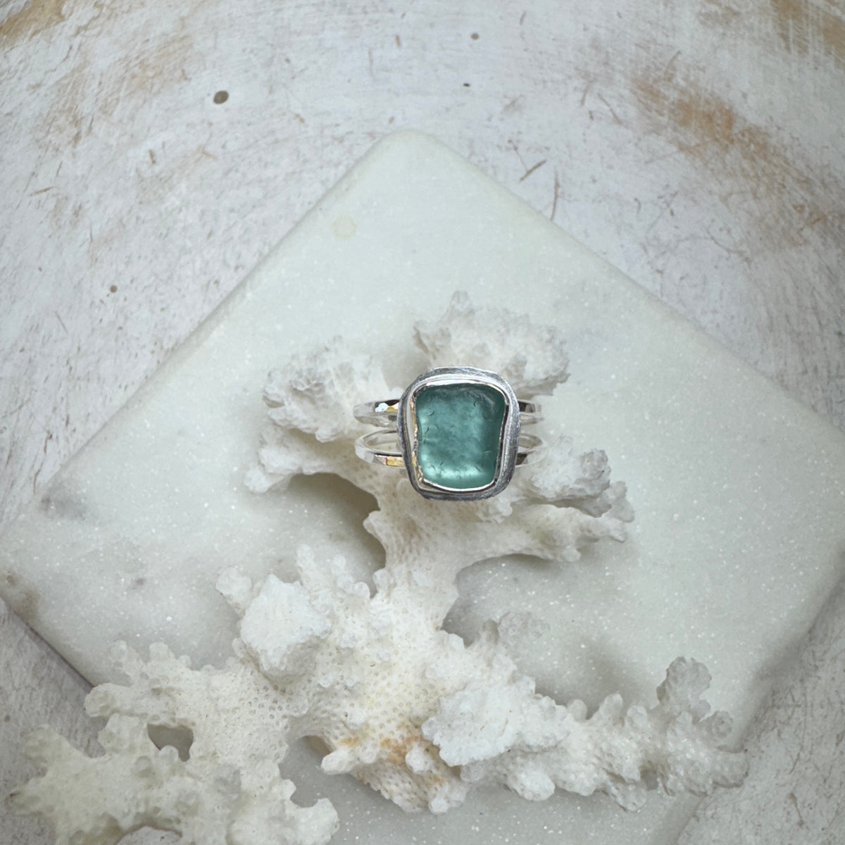 Aqua Sea Glass Double Band Silver Ring (Size 9)