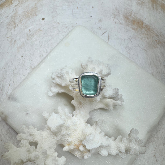 Aqua Sea Glass Double Band Silver Ring (Size 9)