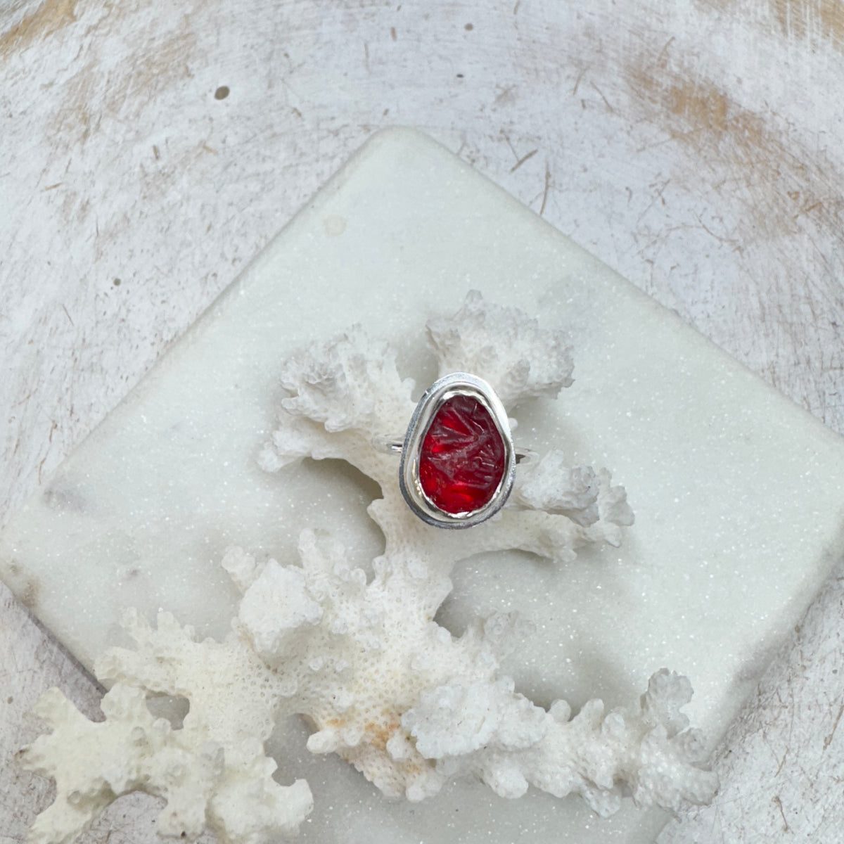Red Sea Glass Silver Stacking Ring (Size 6.5)