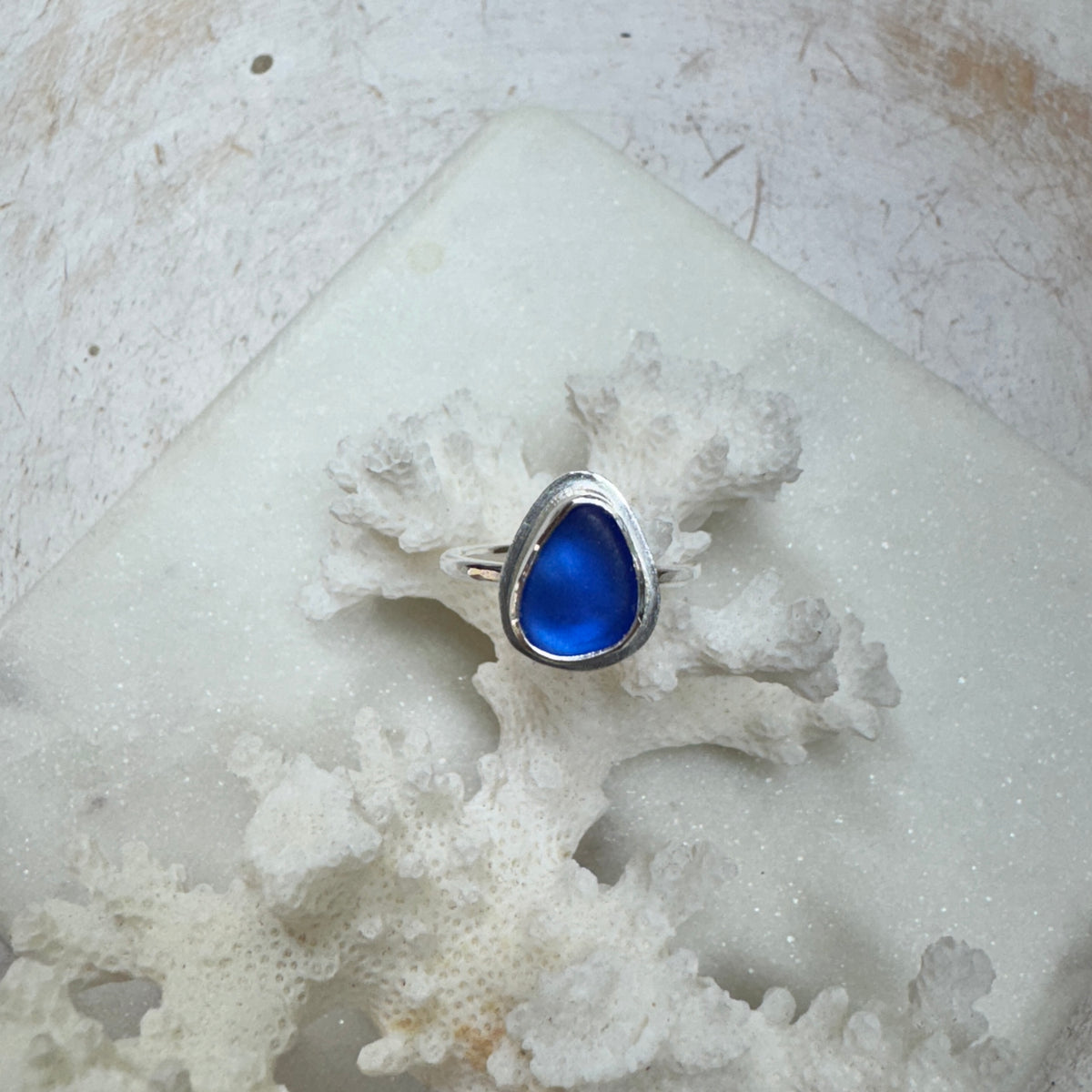 Cobalt Sea Glass Silver Stacking Ring (Size 5)