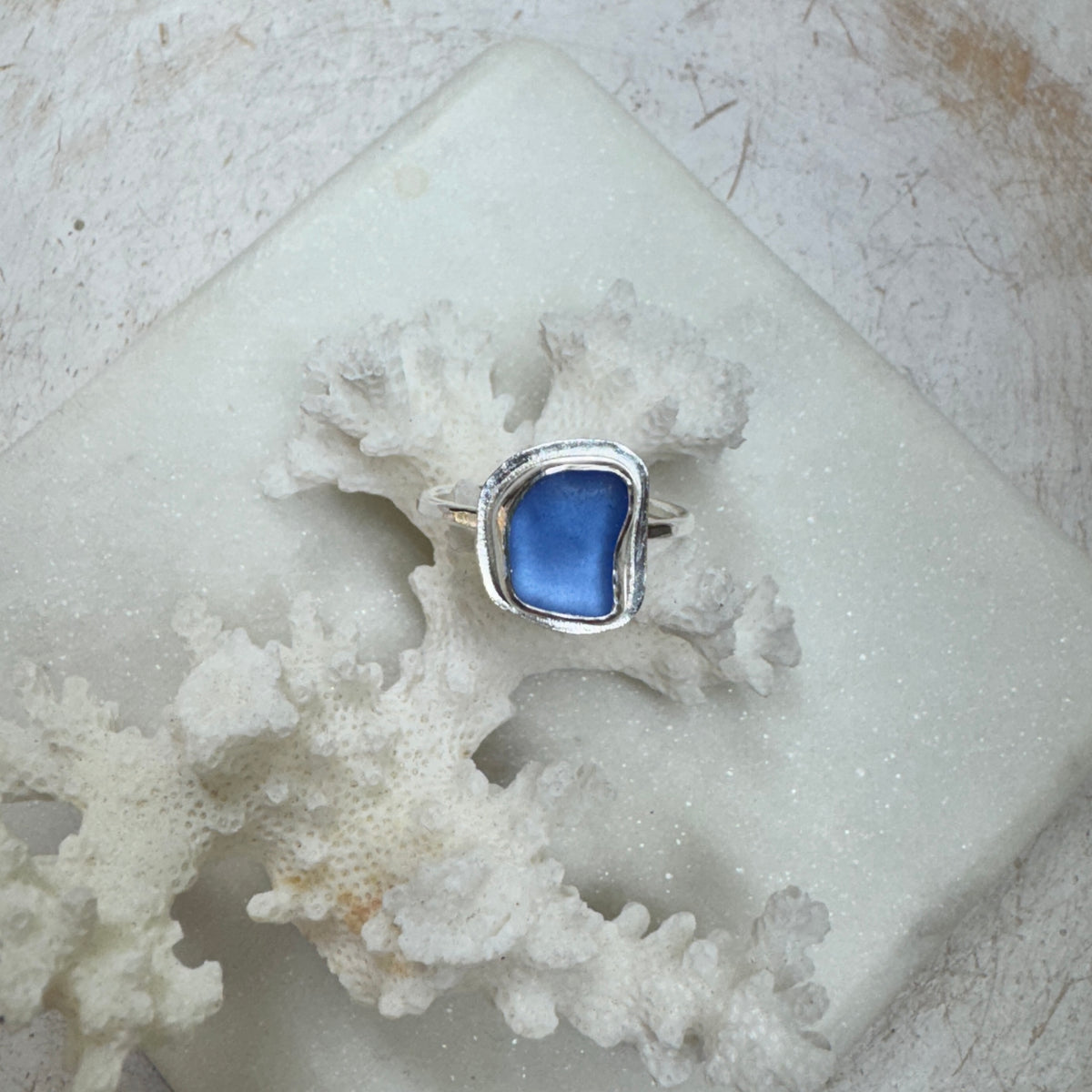 Cornflower Sea Glass Silver Stacking Ring (Size 9)