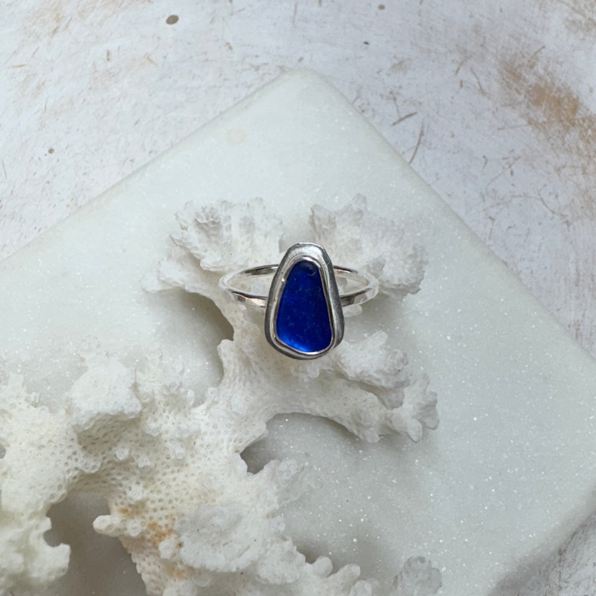 Cobalt Sea Glass Silver Stacking Ring (Size 9)