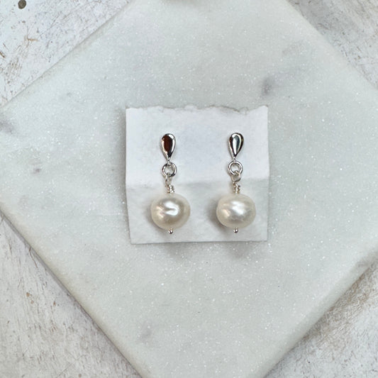 White Freshwater Pearl Dangle Post Earrings