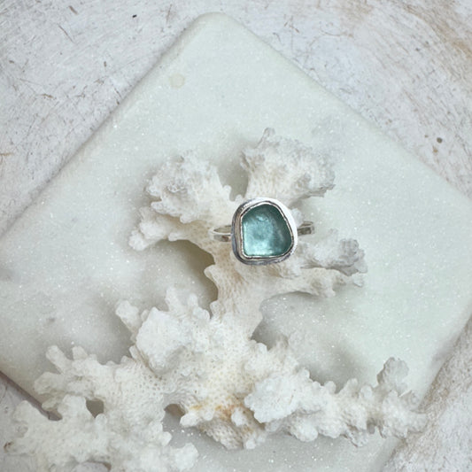 Aqua Sea Glass Silver Stacking Ring (Size 8)