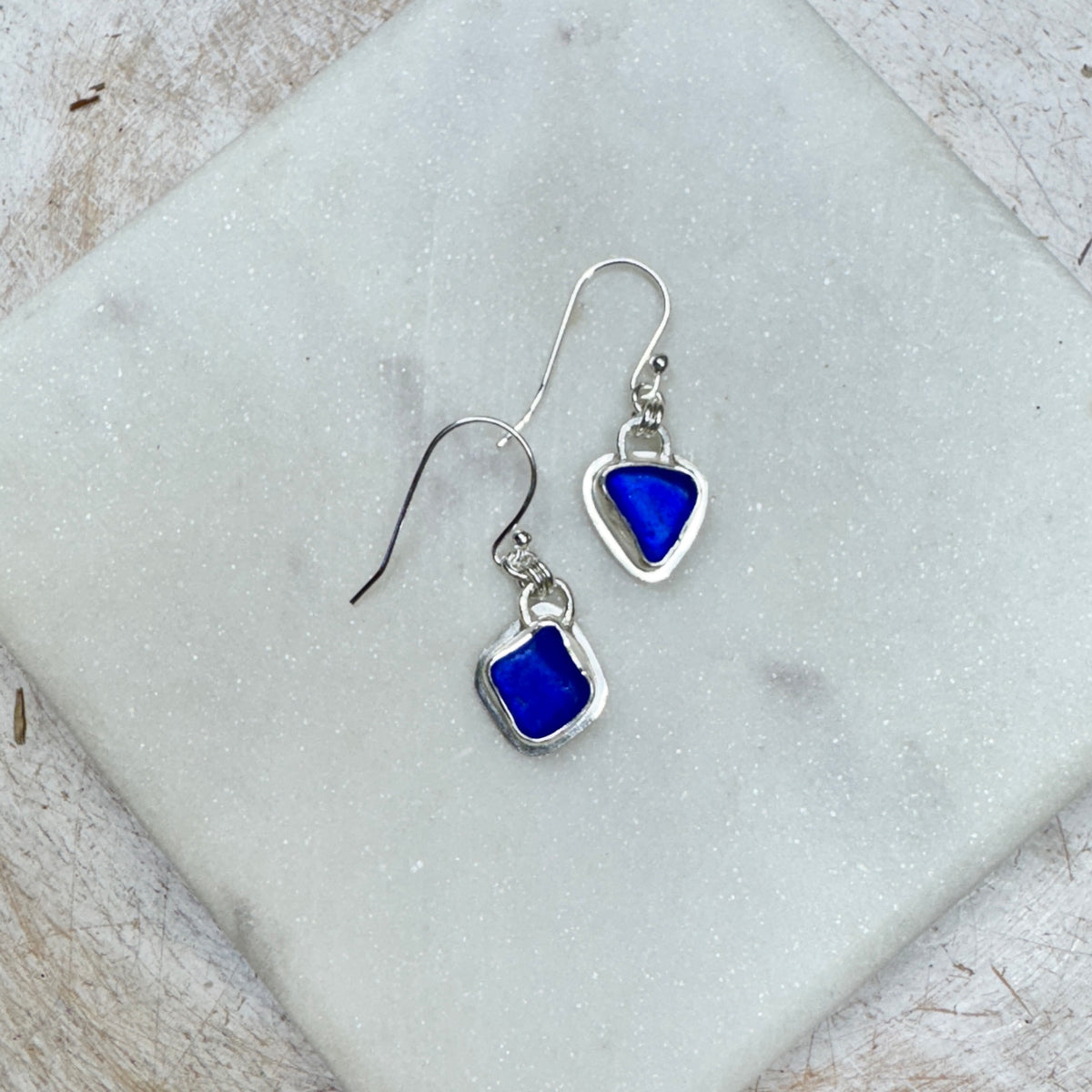 Cobalt Blue Sea Glass Bezel Set Silver Earrings