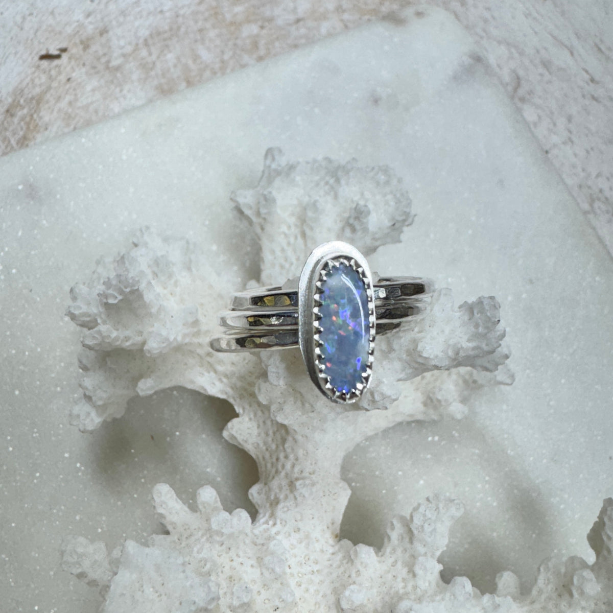 Purple & White Australlian Opal ring with 2 Silver Stackers (Size 6)
