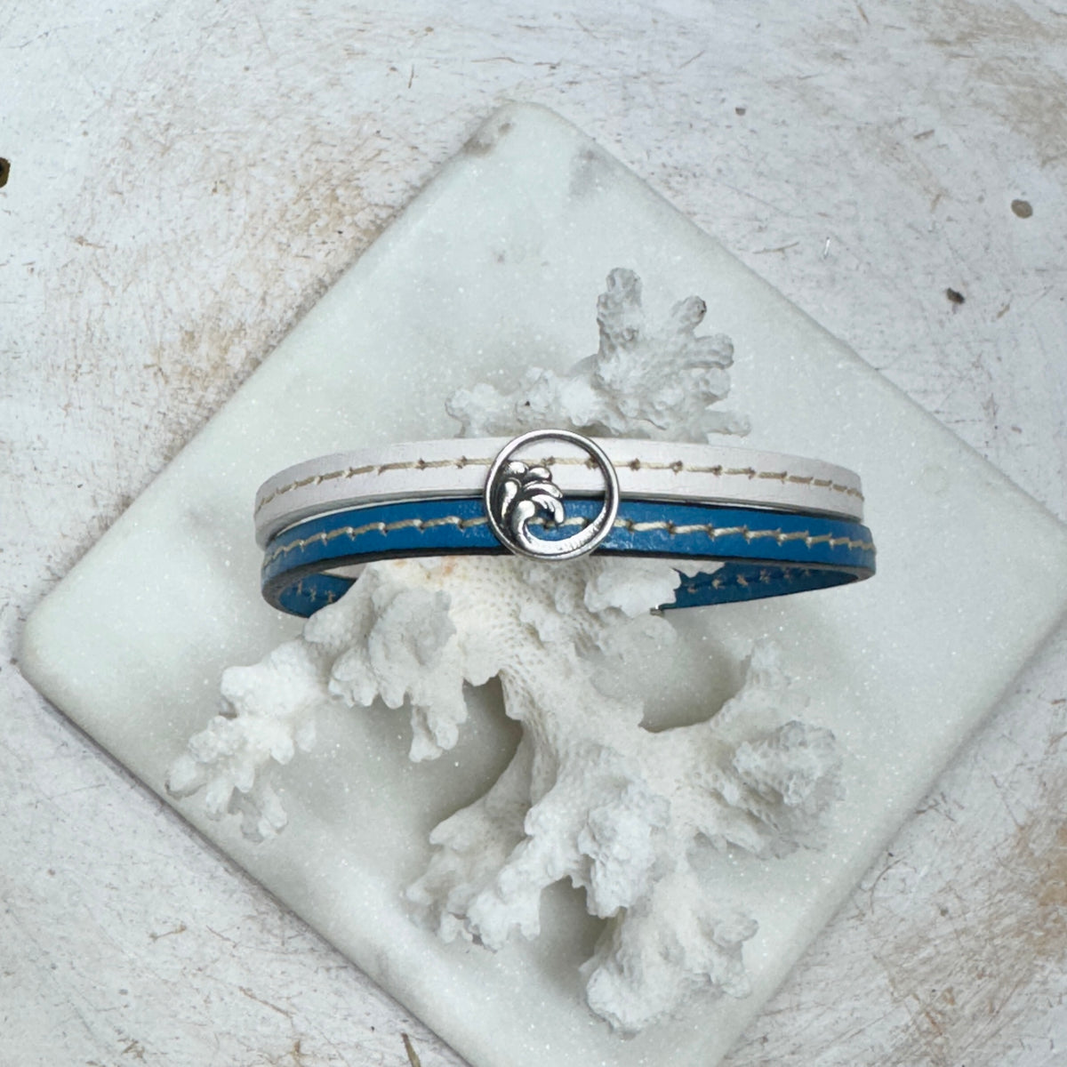 Wave Cobalt & White Stitched Double Leather Bracelet