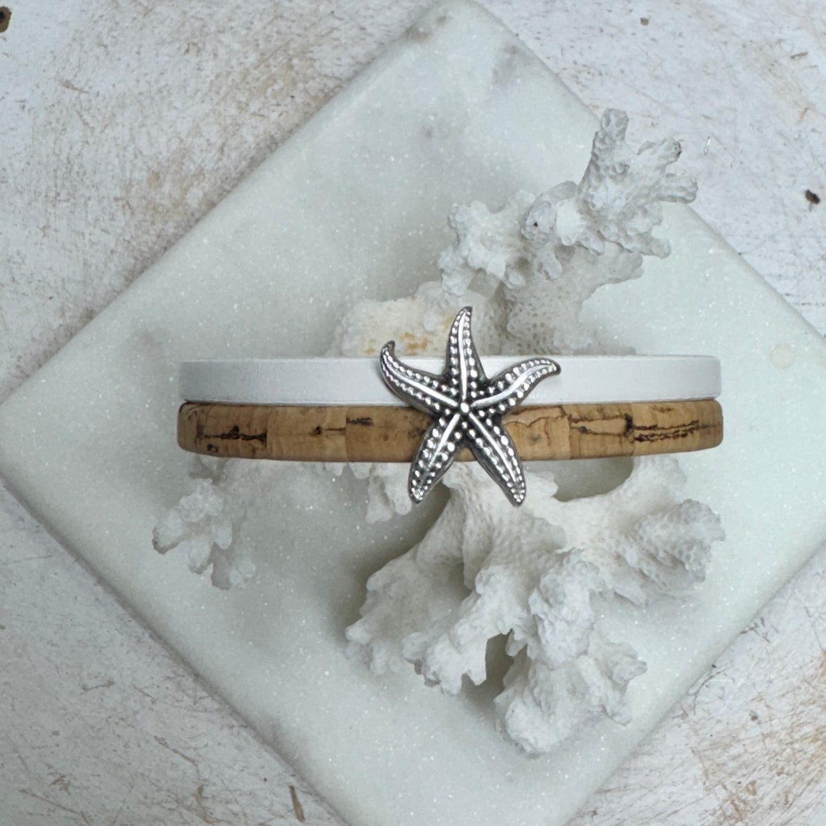 Starfish Cork and White Double Leather Bracelet