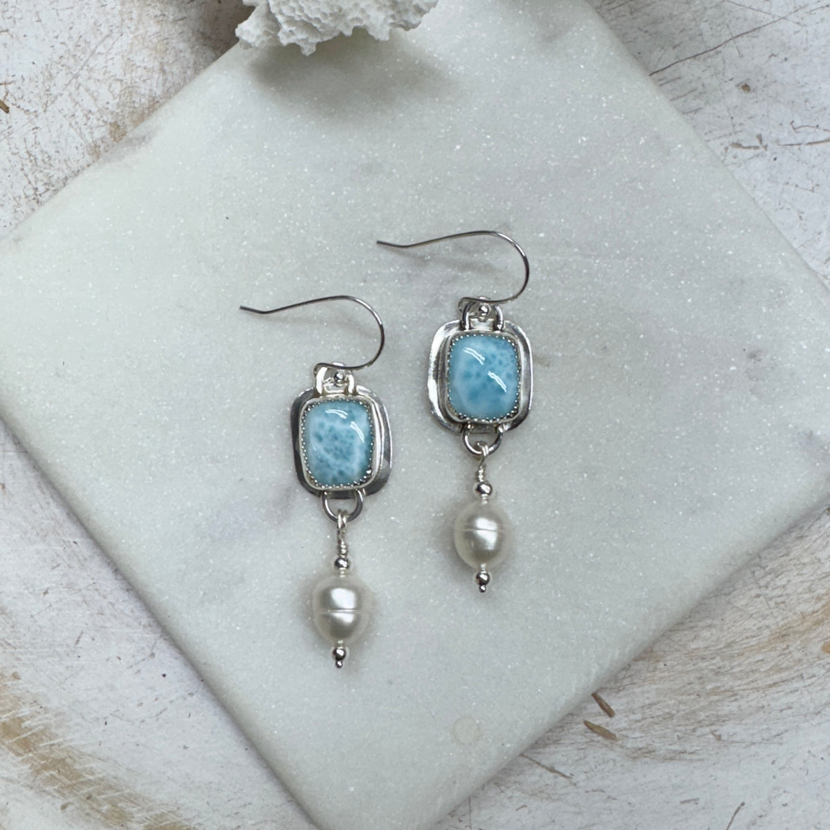 Larimar Square & Freshwater Pearl Earrings