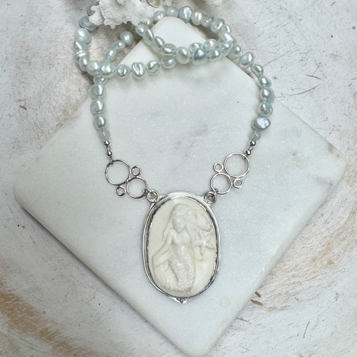 Pale Blue Freshwater Pearl & Carved Mermaid Necklace