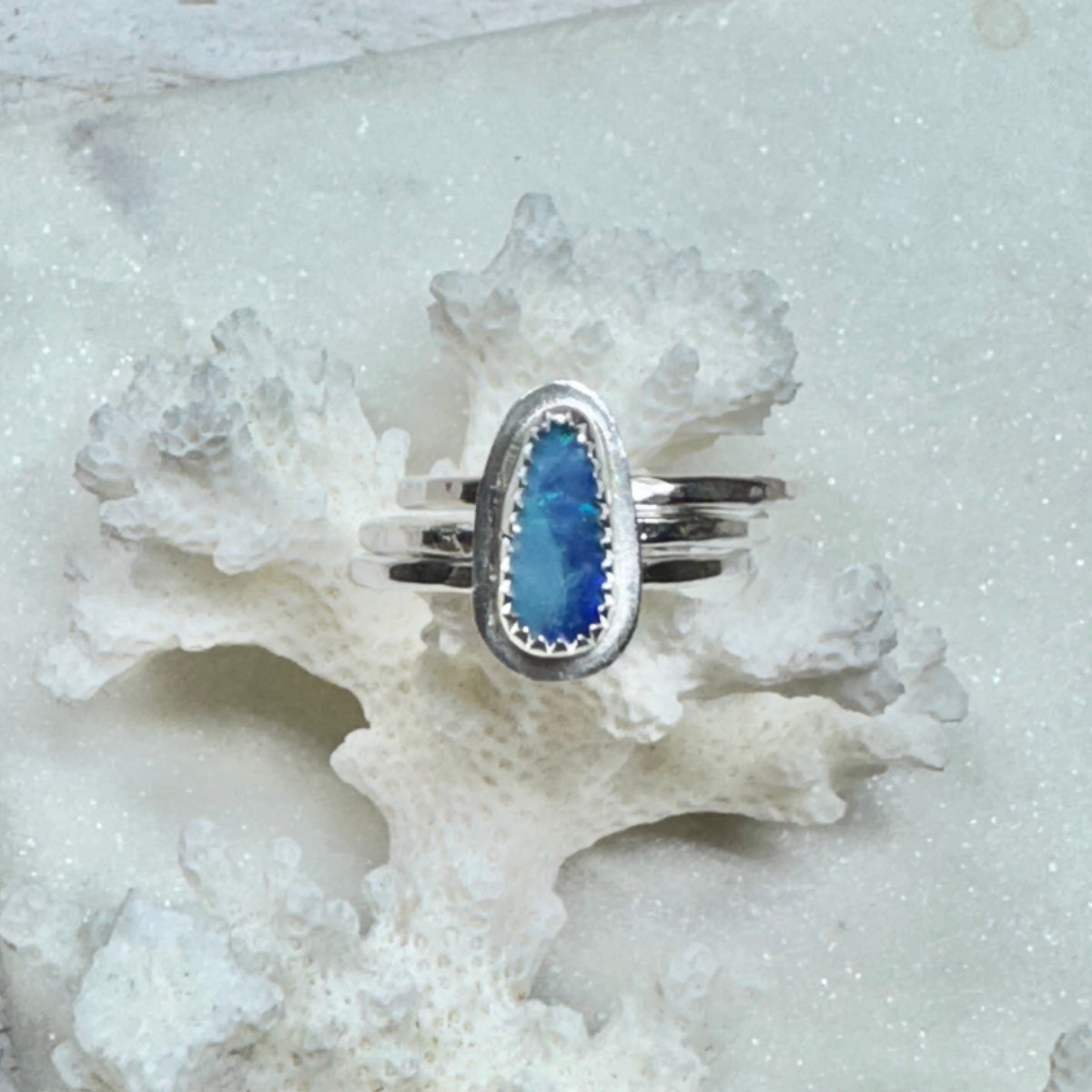 Australian Opal Teardrop Ring with 2 Silver Stackers (Size 7.5)