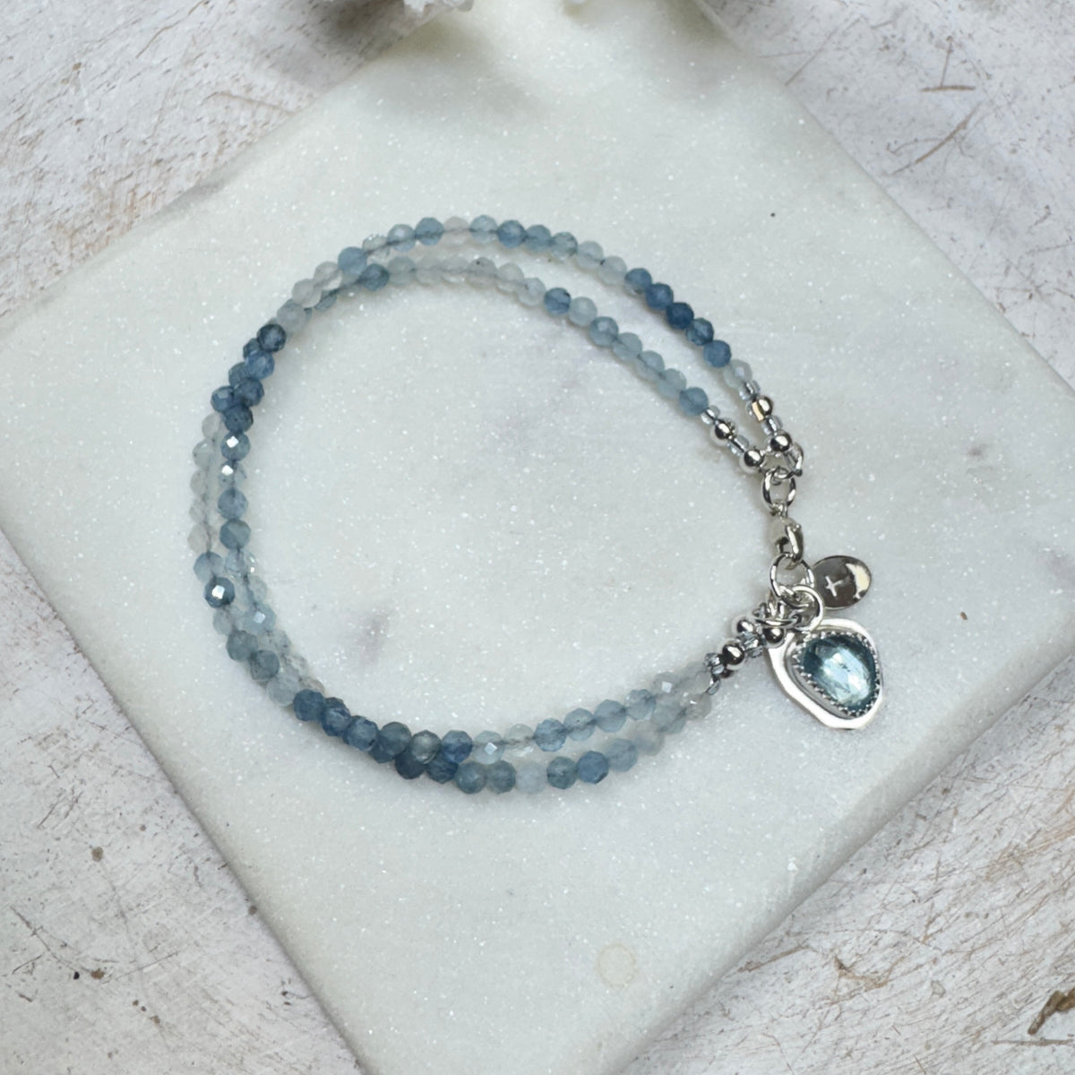 Aquamarine Gemstone 2-Strand Bracelet with Aquamarine Charm