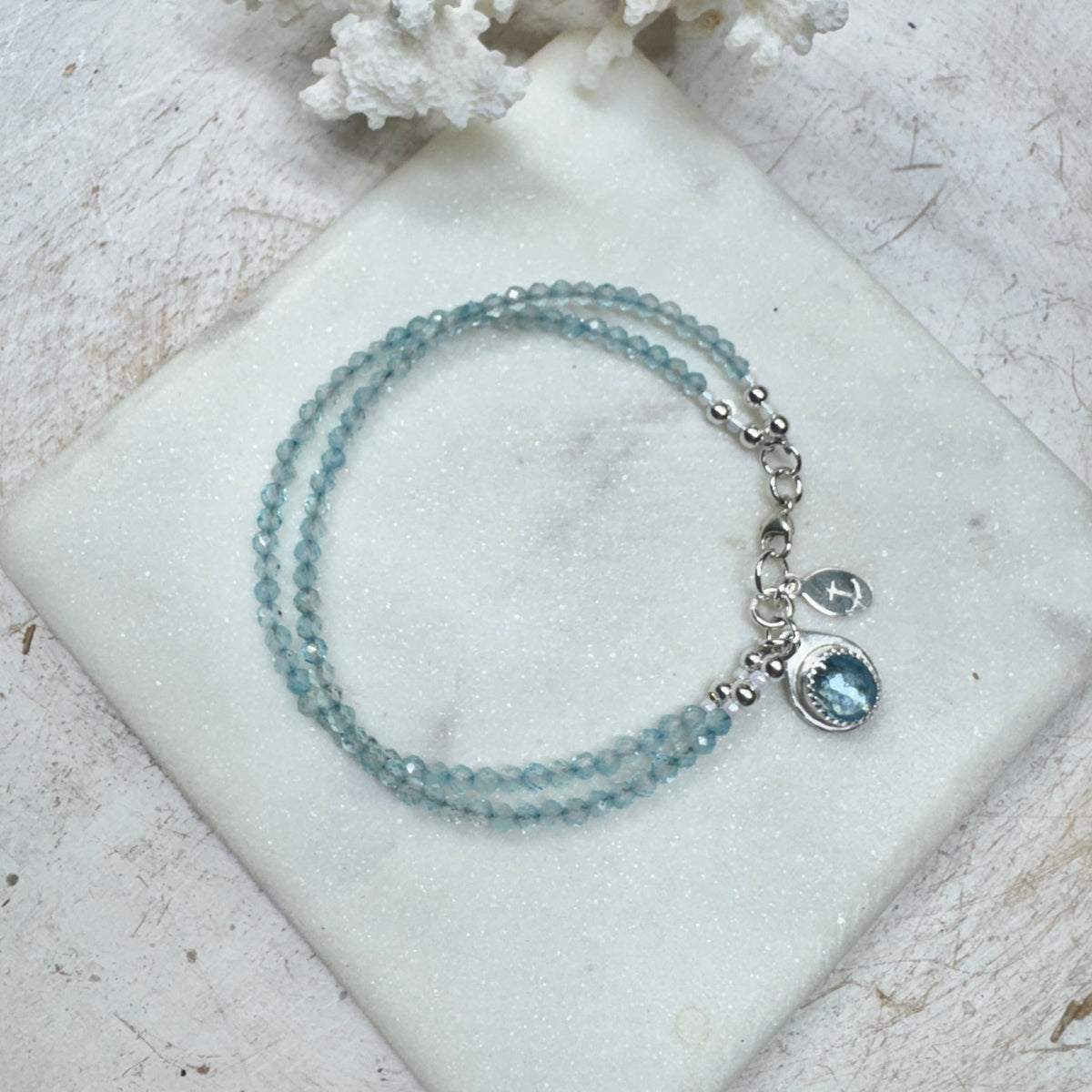 Swiss Blue Topaz Gemstone 2-Strand Bracelet with Topaz Charm