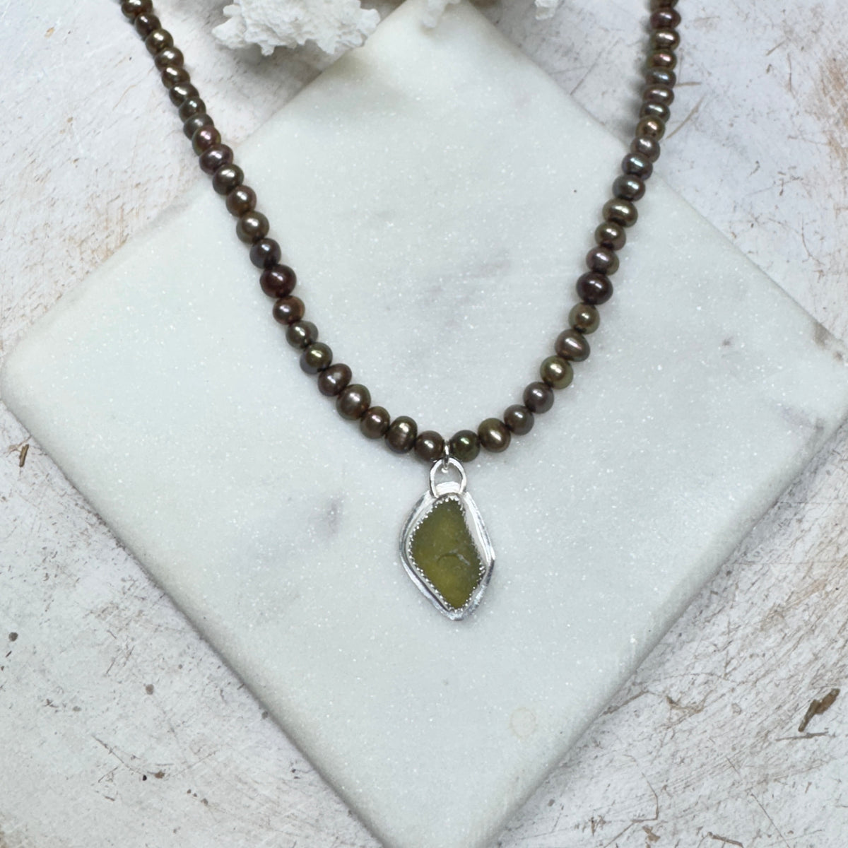 Olive Green Sea Glass & Pearl Necklace