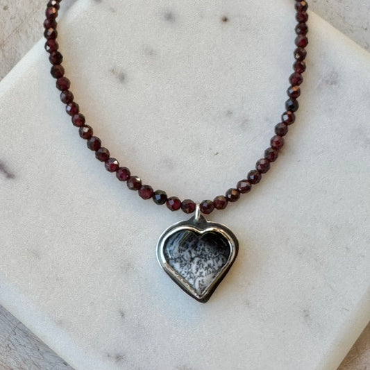 Dendrite Heart & Garnet Bead Necklace