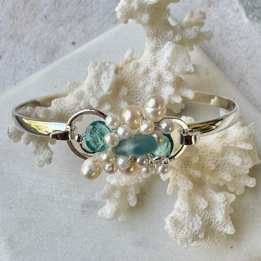 Pariba Apatite, Sea Glass & Pearl Hinged Bracelet