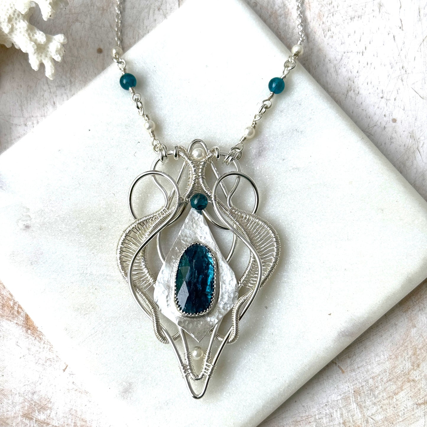 Neon Kyanite & Pearl Woven Shield Necklace
