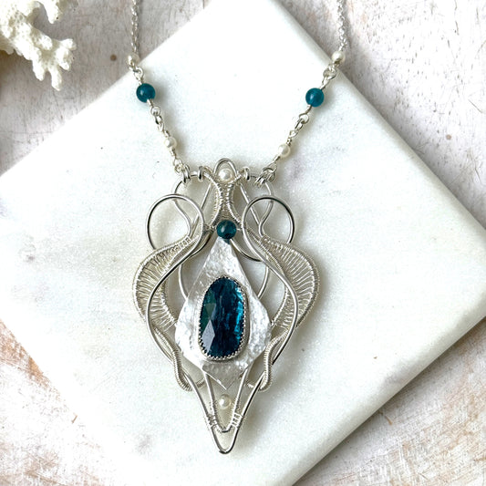Neon Kyanite & Pearl Woven Shield Necklace