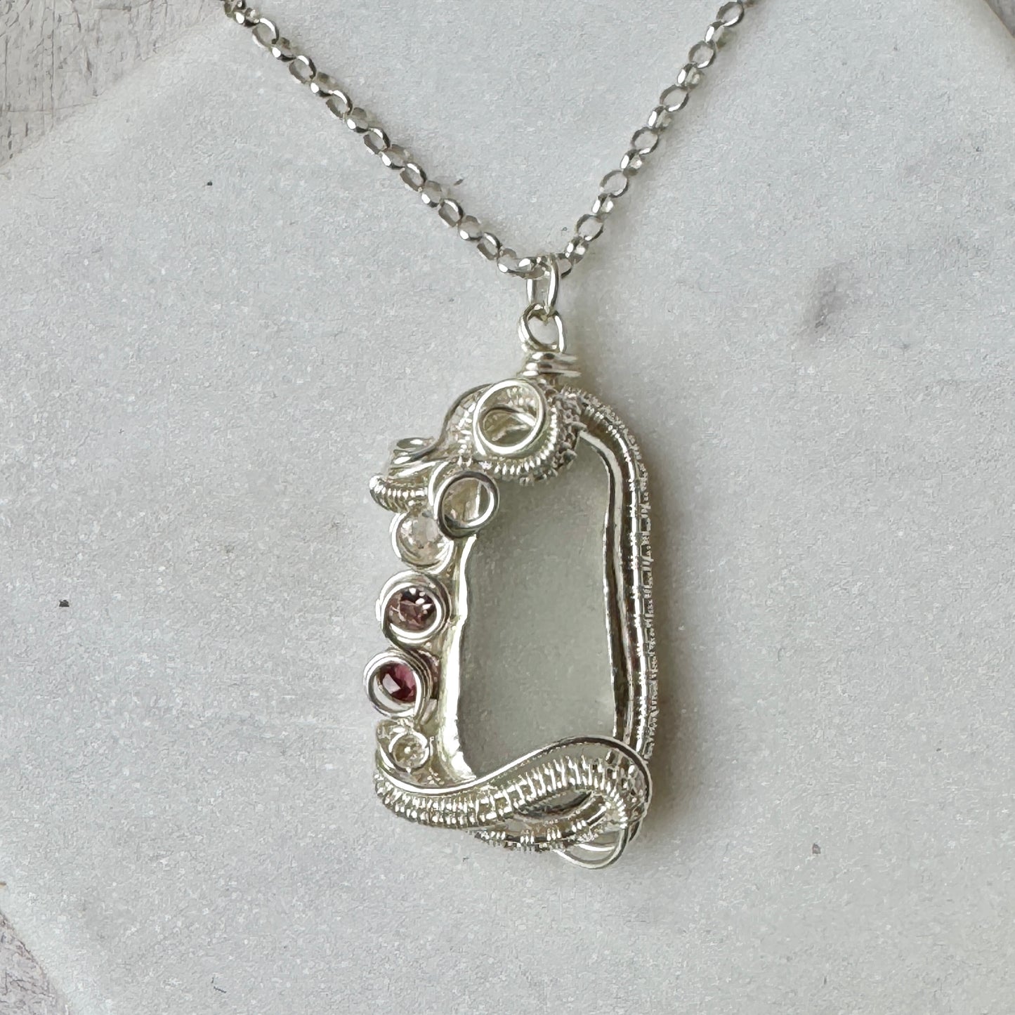 White Sea Glass & Tourmaline Woven Necklace