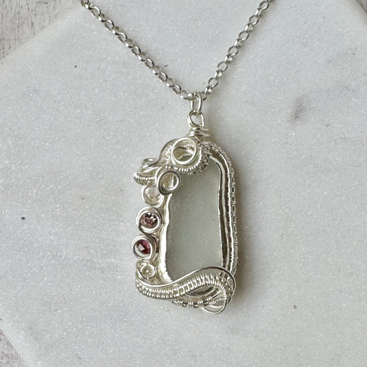 White Sea Glass & Tourmaline Woven Necklace