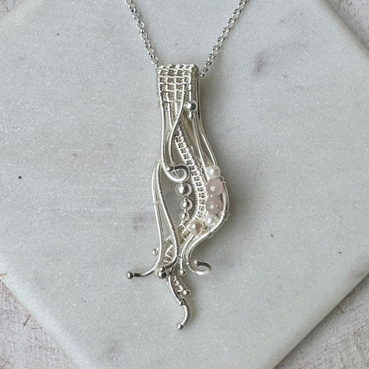 Silver Wave Necklace with Pink Morganite & Pearls