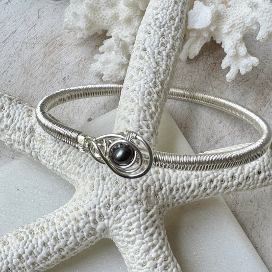 Silver Woven Bangle Bracelet with Black Pearl