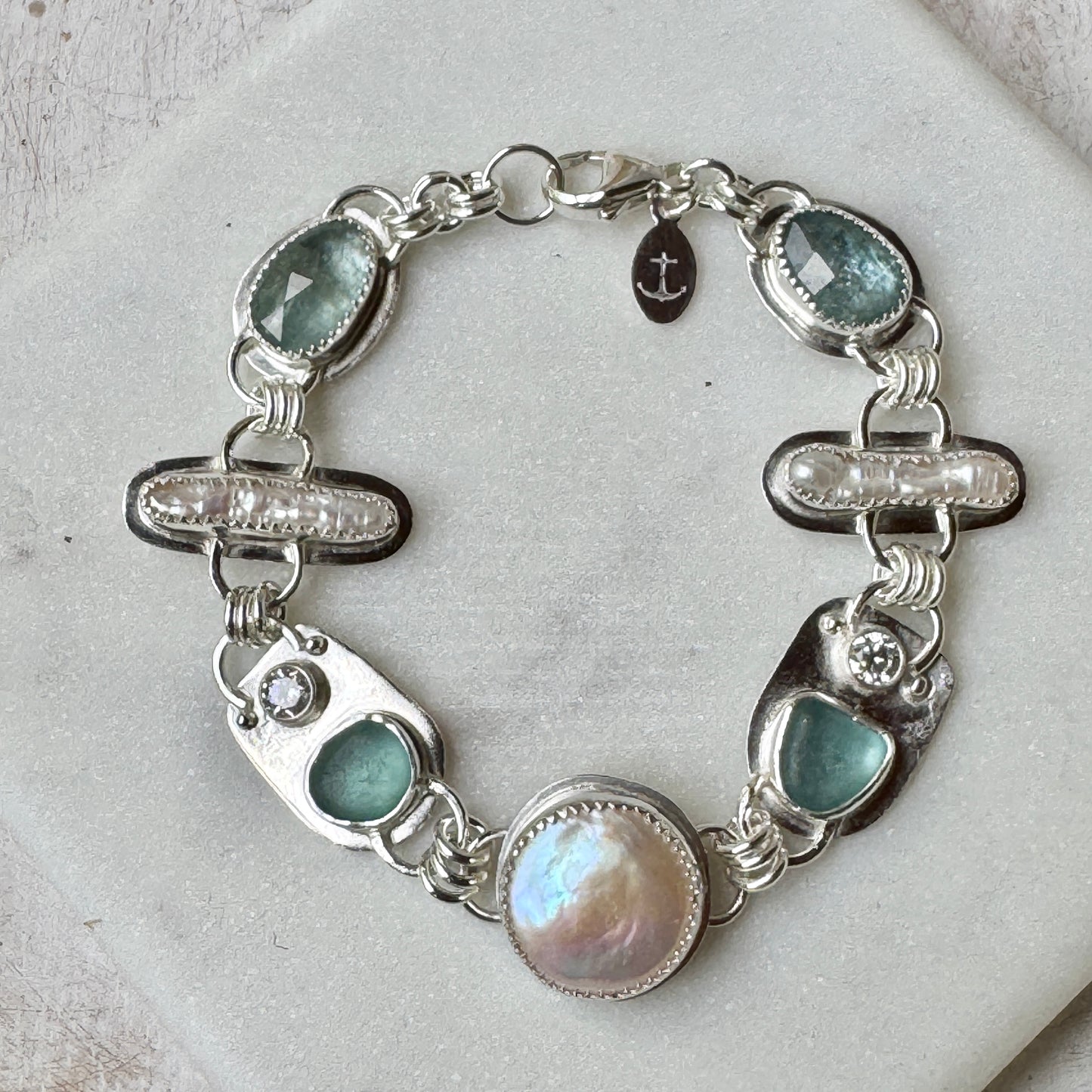 Aqua Sea Glass, CZ, Pearl & Ocean Kyanite Multi Stone Bracelet