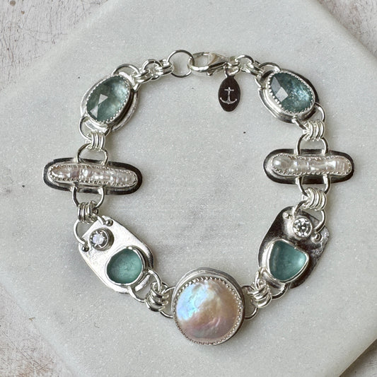 Aqua Sea Glass, CZ, Pearl & Ocean Kyanite Multi Stone Bracelet