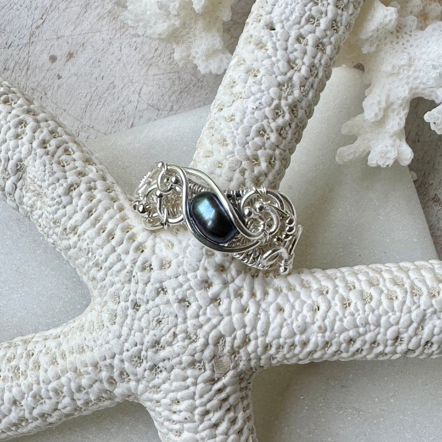 Black Pearl Silver Woven Ring
